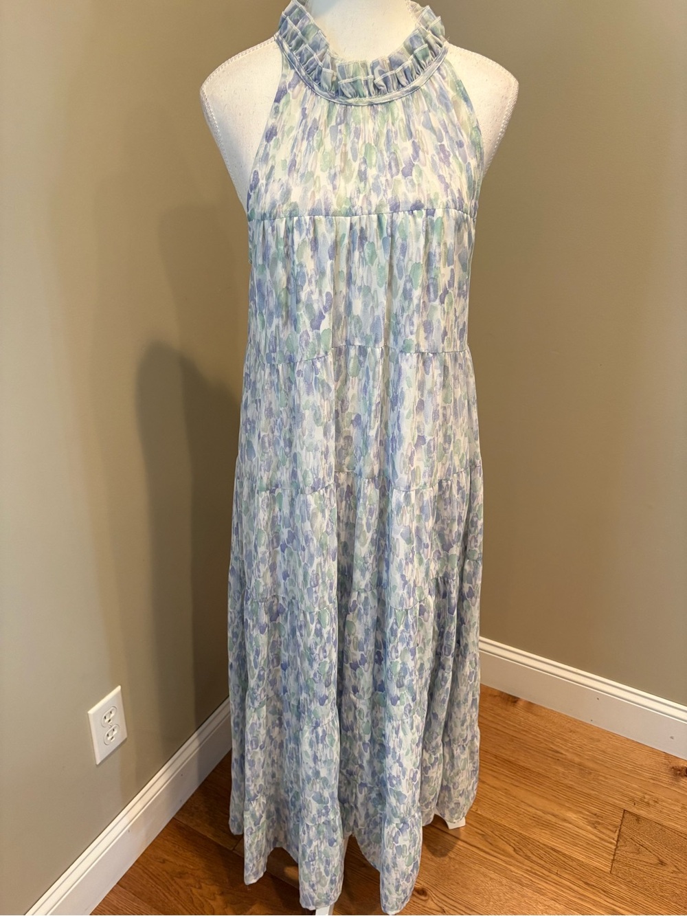 Entro Sleeveless Ruffled Halter Mini Dress in Blue Pastel Watercolor Print Small
